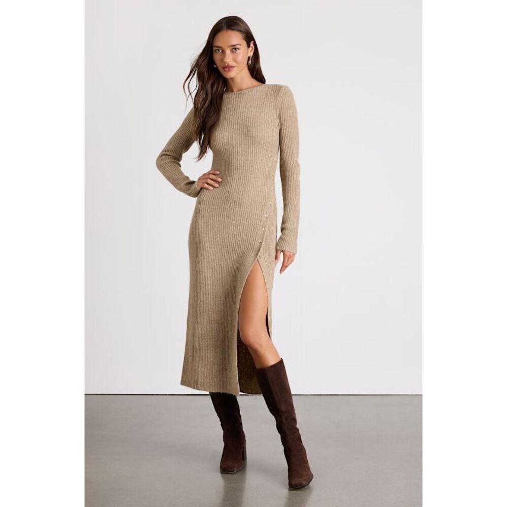 Lulus Rileynn Heathered Taupe Ribbed Sweater Midi Dress - Size S